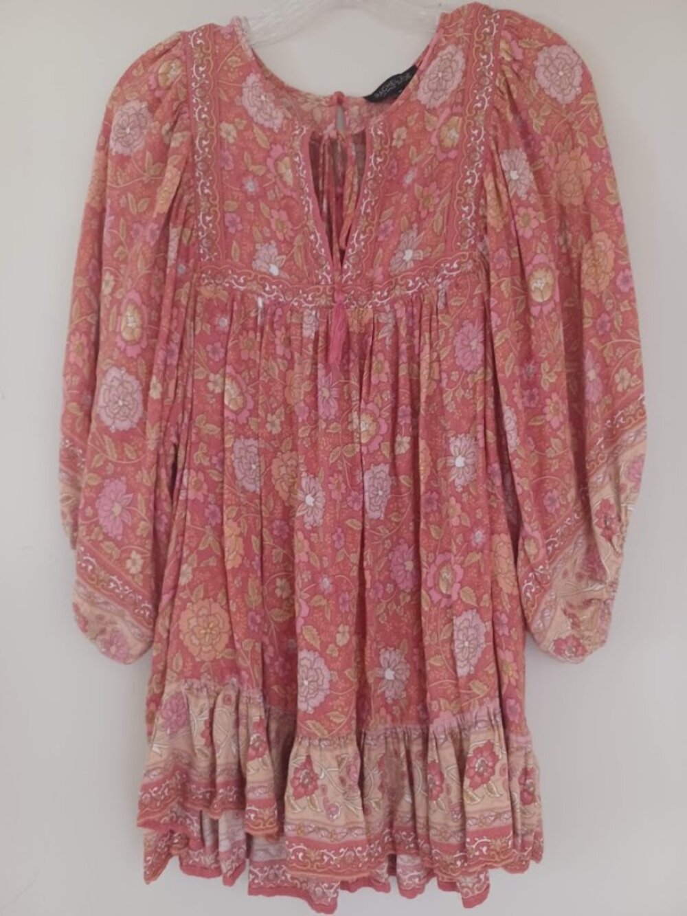 Rachel Zoe M Floral Boho Top Tunic Peasant Tassel Tie Balloon Sleeve Ruffle